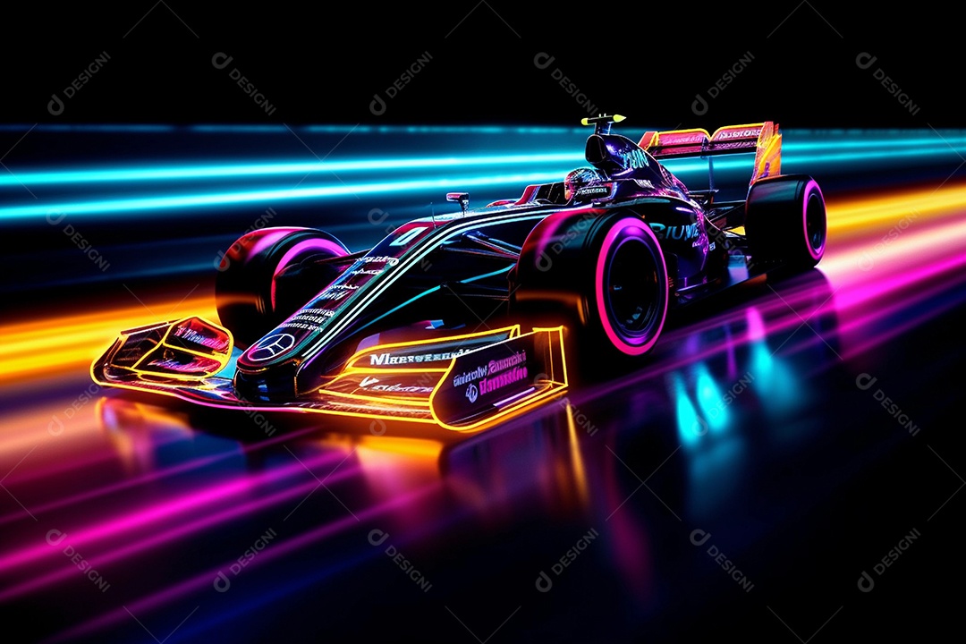 Carro de corrida neon de alta velocidade com linhas e luzes rosa e azuis brilhantes