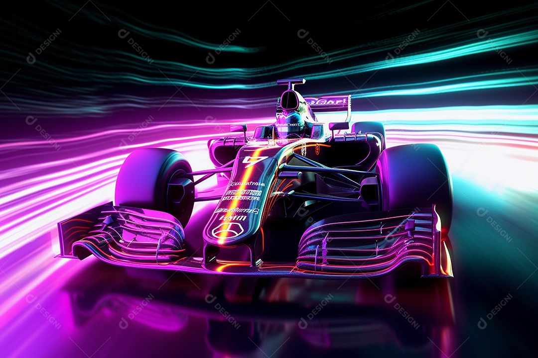 Carro de corrida neon de alta velocidade com linhas e luzes rosa e azuis brilhantes