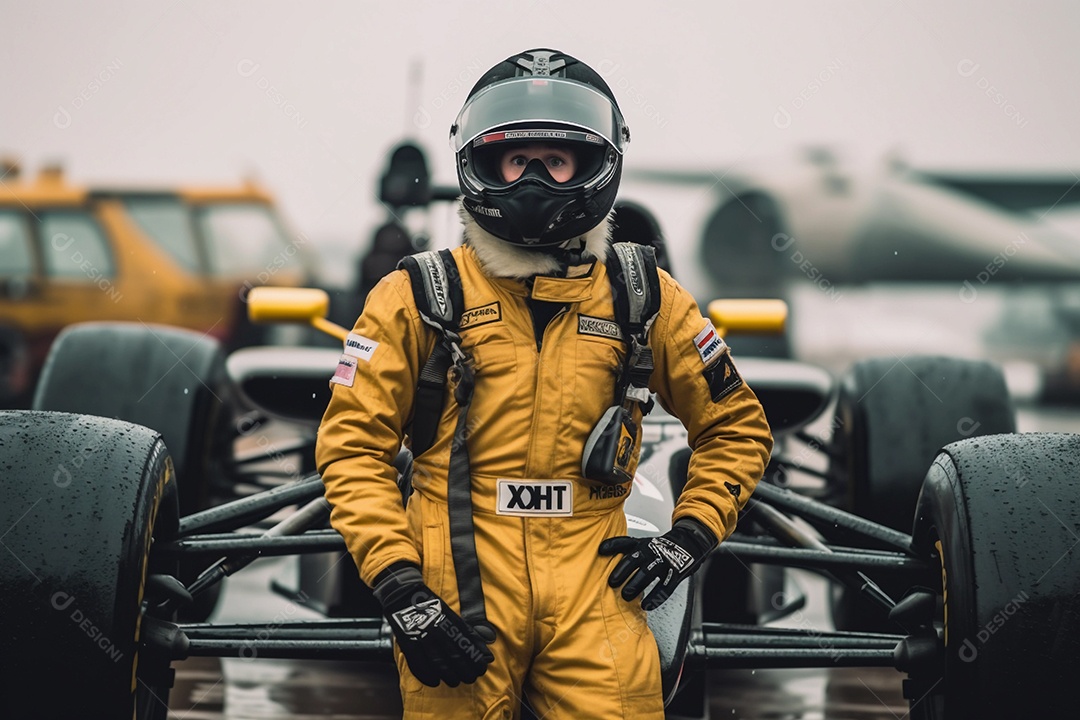 Piloto de corrida ou piloto posando para uma foto na frente de seu carro na pista.