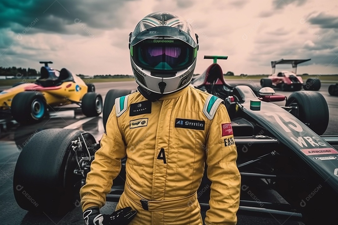 Piloto de corrida ou piloto posando para uma foto na frente de seu carro na pista.