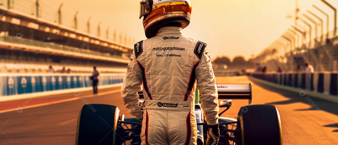 Piloto de corrida ou piloto posando para uma foto na frente de seu carro na pista.