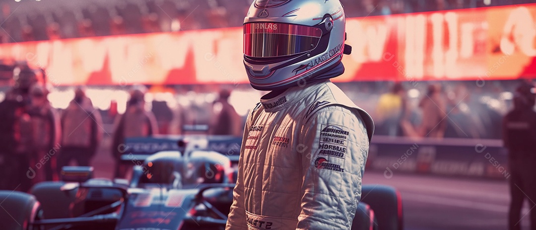 Piloto de corrida ou piloto posando para uma foto na frente de seu carro na pista.