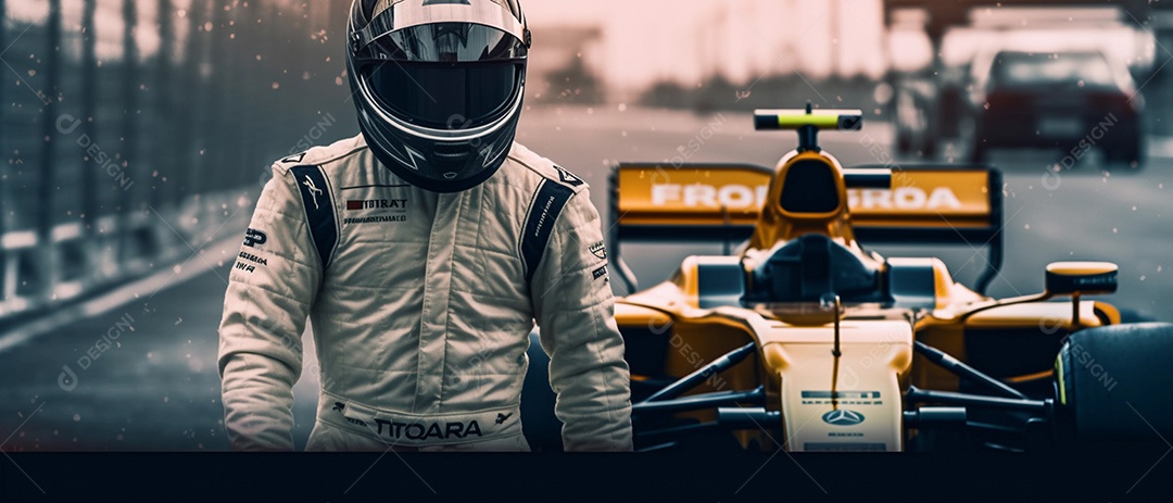 Piloto de corrida ou piloto posando para uma foto na frente de seu carro na pista.