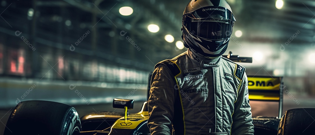 Piloto de corrida ou piloto posando para uma foto na frente de seu carro na pista.