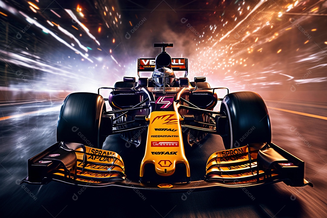 Corridas de carros esportivos em alta velocidade na pista com luzes desfocadas e bokeh.