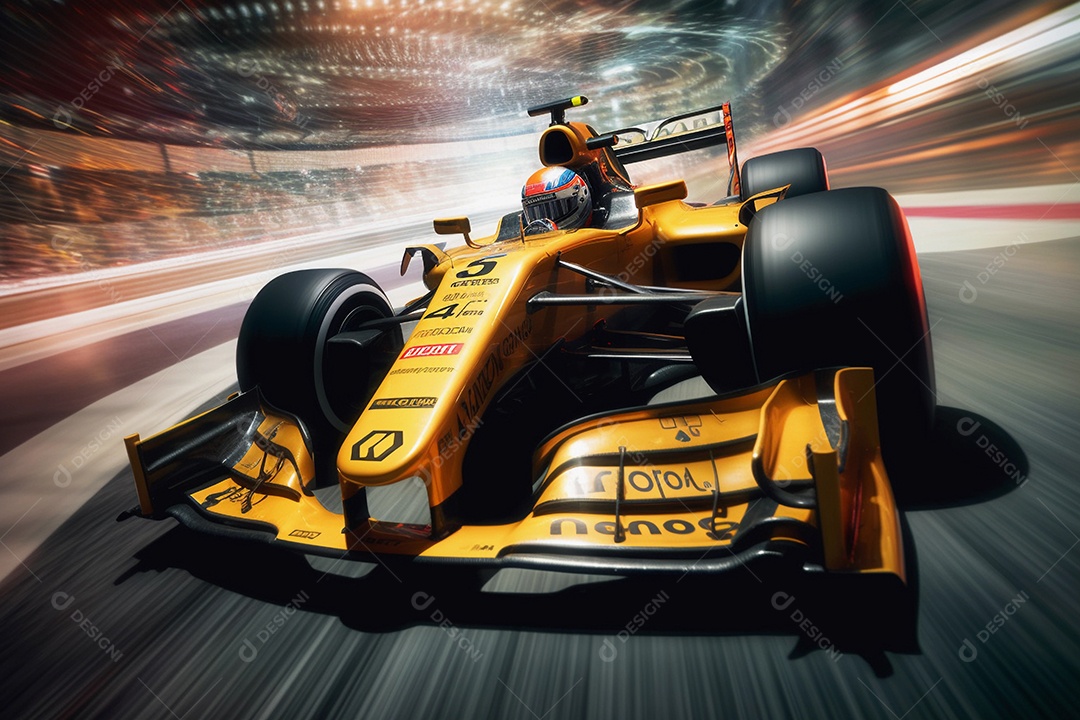 Corridas de carros esportivos em alta velocidade na pista com luzes desfocadas e bokeh.