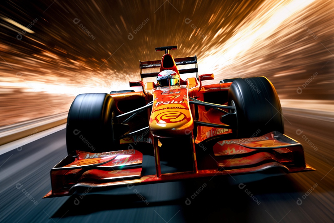 Corridas de carros esportivos em alta velocidade na pista com luzes desfocadas e bokeh.