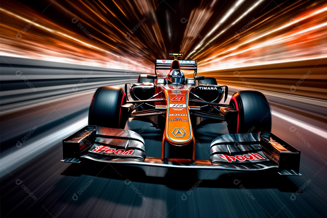 Corridas de carros esportivos em alta velocidade na pista com luzes desfocadas e bokeh.