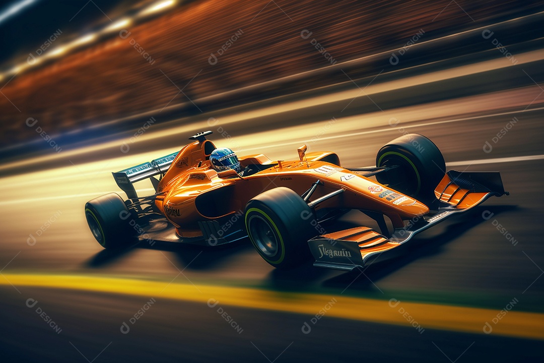 Corridas de carros esportivos em alta velocidade na pista com luzes desfocadas e bokeh.