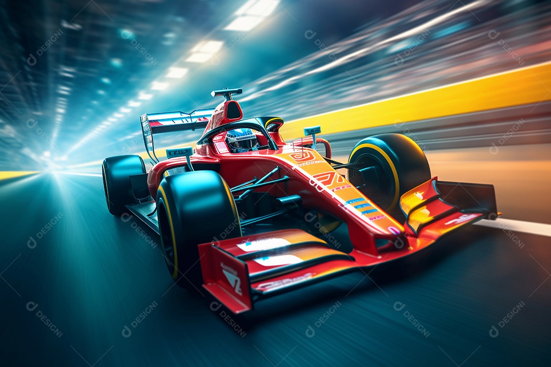 Corridas de carros esportivos em alta velocidade na pista com luzes desfocadas e bokeh.