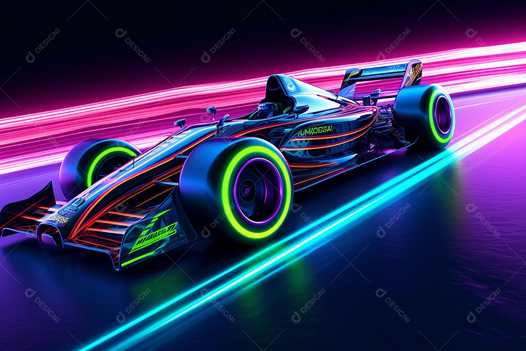 Carro de corrida neon de alta velocidade com linhas e luzes rosa e azuis brilhantes