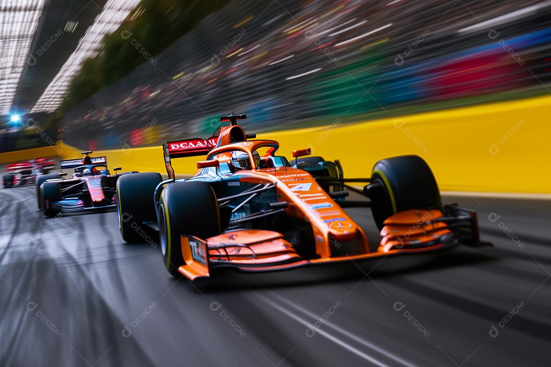 Corridas de carros esportivos em alta velocidade na pista com luzes desfocadas e bokeh.