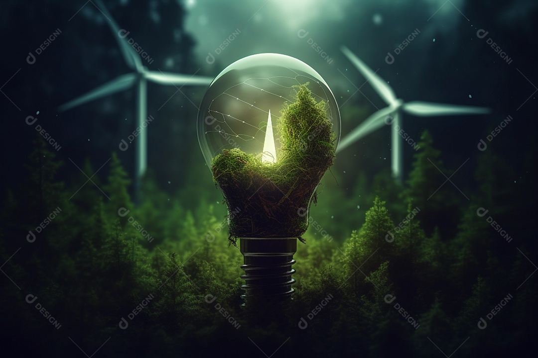 Lâmpada e conceito de energia limpa verde, vento renovável e símbolo de energia solar.