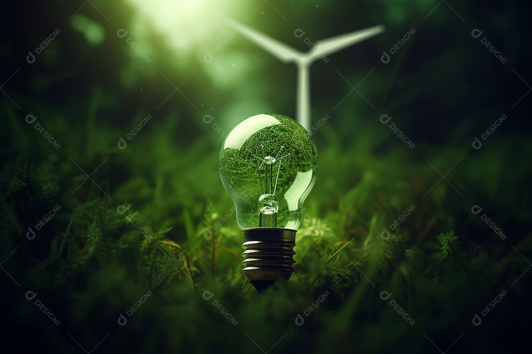 Lâmpada e conceito de energia limpa verde, vento renovável e símbolo de energia solar.