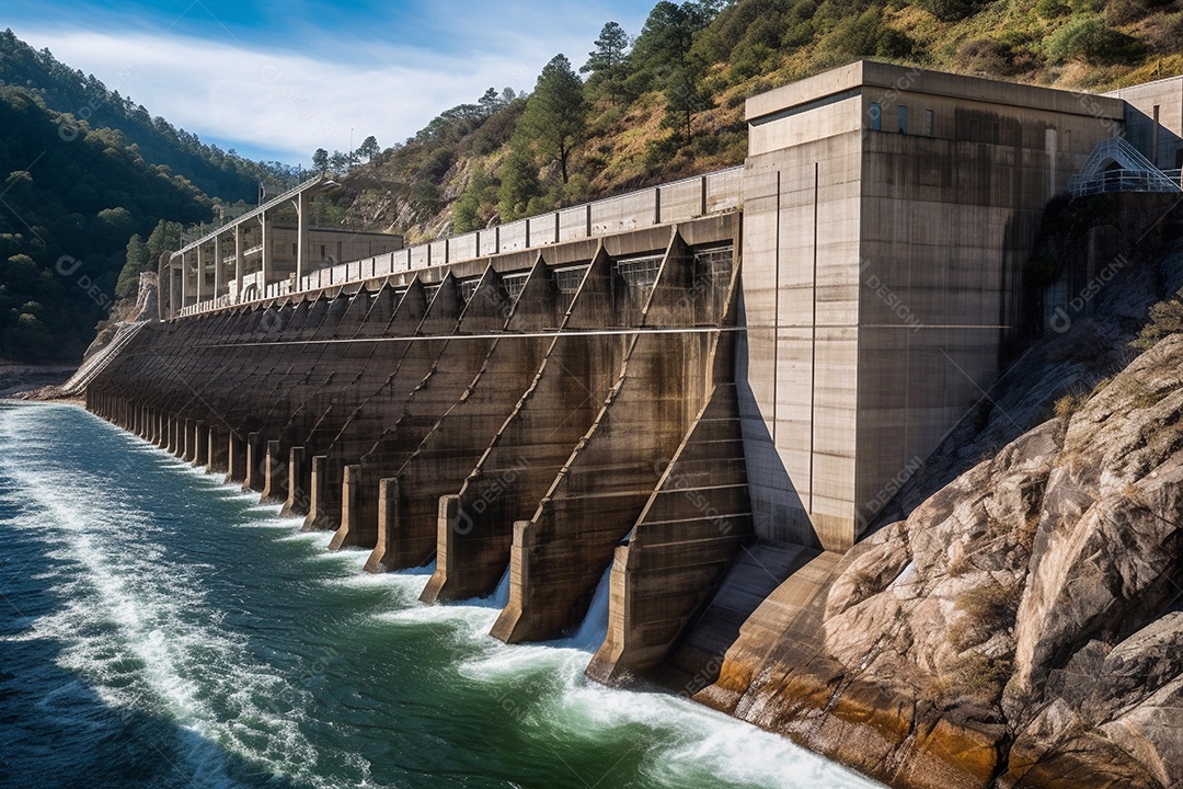 Hidrelétrica com fortes quedas dágua caindo. conceito de energia limpa e renovável.
