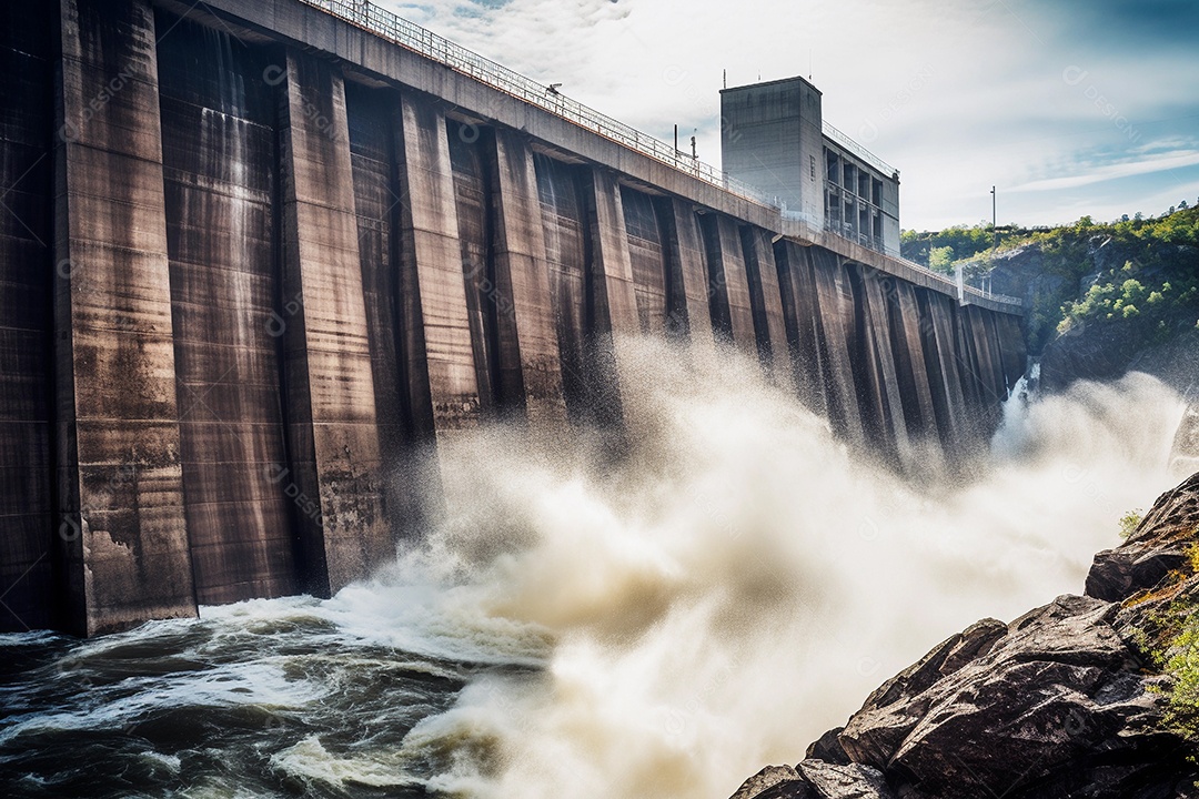 Hidrelétrica com fortes quedas dágua caindo. conceito de energia limpa e renovável.