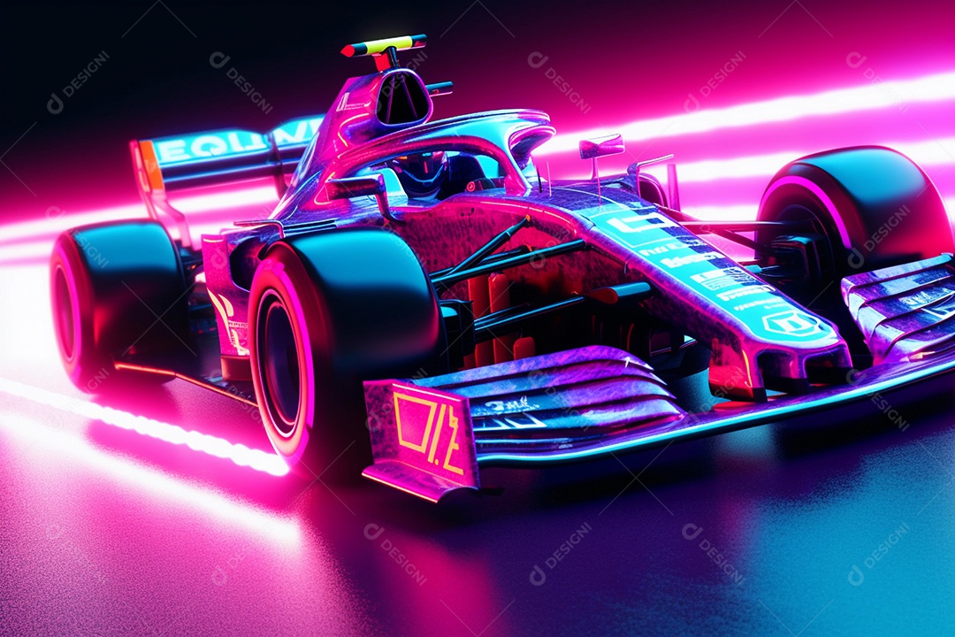 Carro de corrida neon de alta velocidade com linhas e luzes rosa e azuis brilhantes