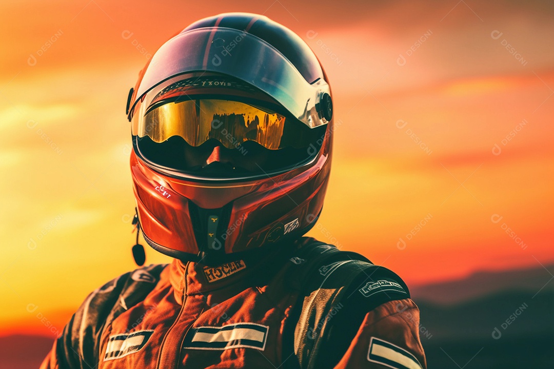 Piloto de corrida com os braços para cima comemorando a vitória