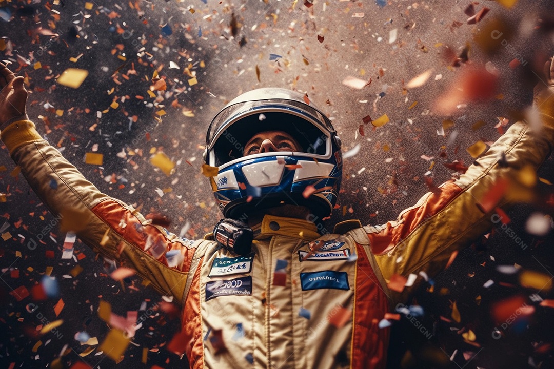Piloto de corrida com os braços para cima comemorando a vitória
