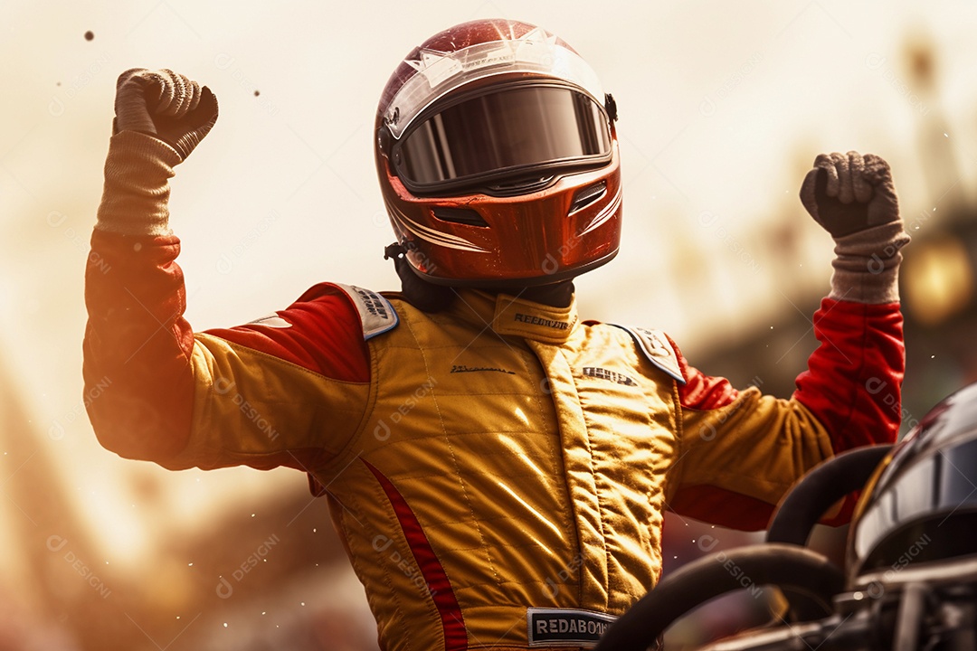 Piloto de corrida com os braços para cima comemorando a vitória