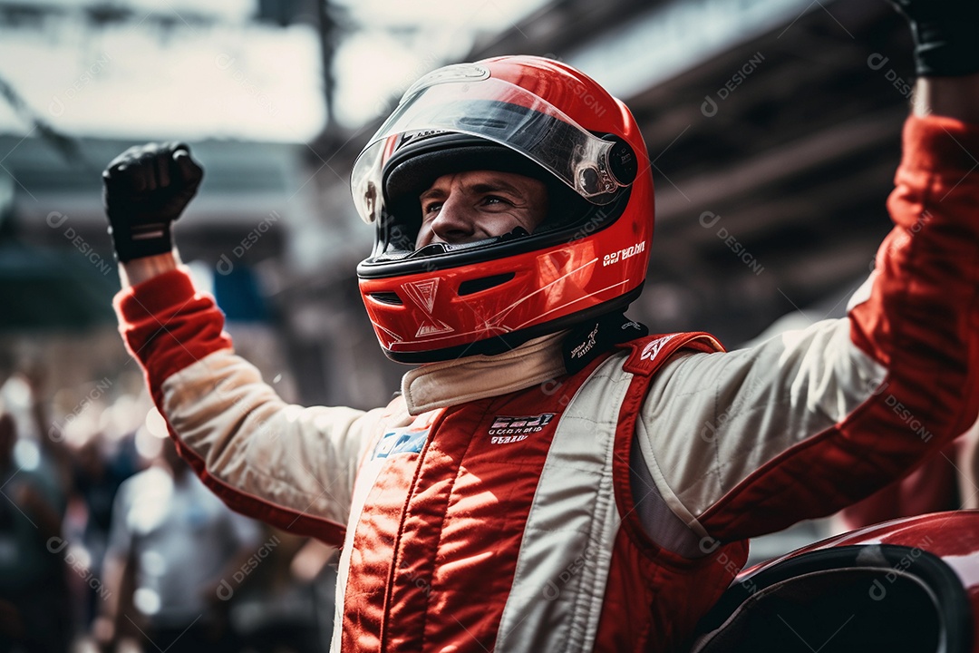 Piloto de corrida com os braços para cima comemorando a vitória