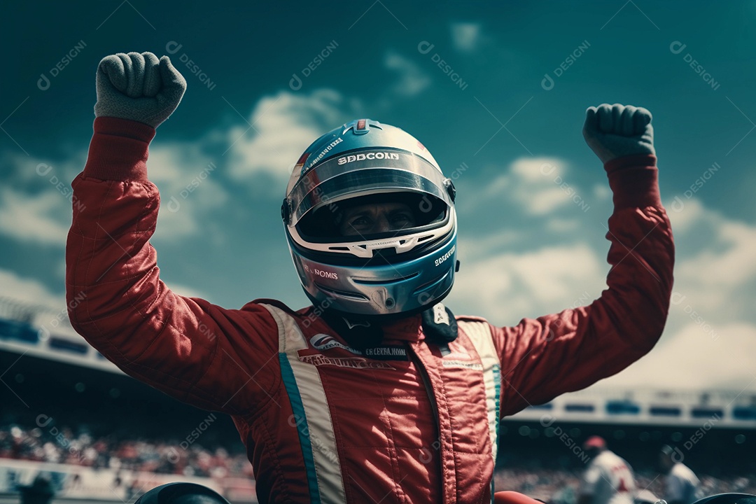 Piloto de corrida com os braços para cima comemorando a vitória