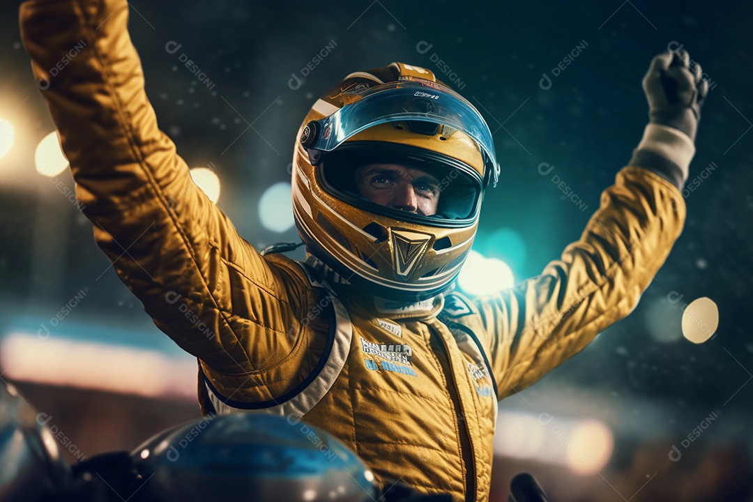 Piloto de corrida com os braços para cima comemorando a vitória