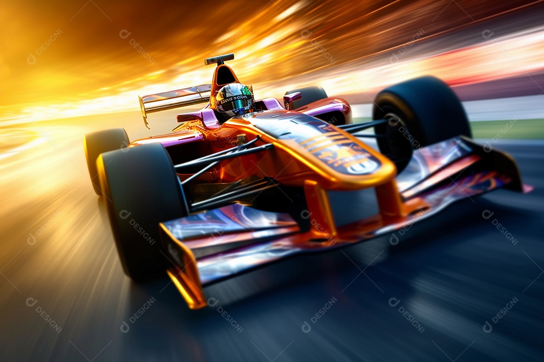 Corridas de carros esportivos em alta velocidade na pista com luzes desfocadas e bokeh.