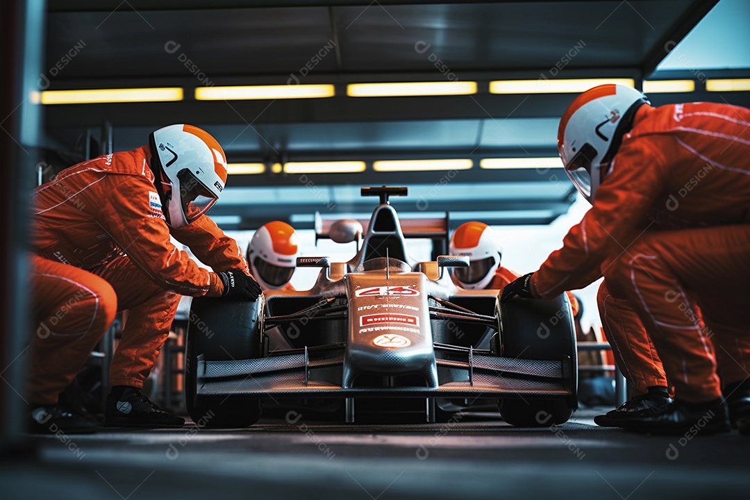 Equipe trabalhando juntos no carro de corrida, conceito de trabalho em equipe.