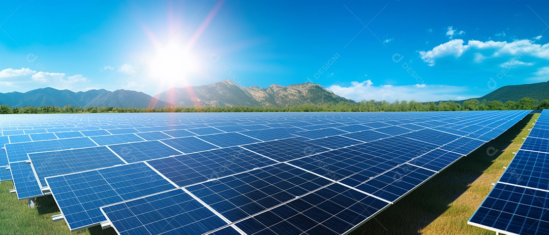 Painéis solares perfeitamente alinhados na fazenda de energia solar limpa e renovável.