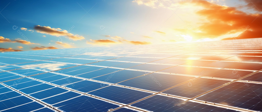 Painéis solares perfeitamente alinhados na fazenda de energia solar limpa e renovável.