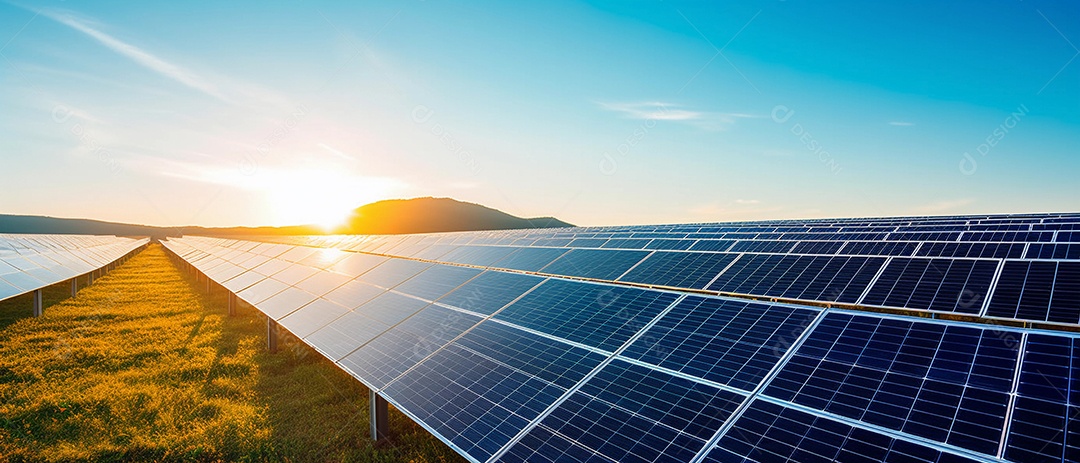Painéis solares perfeitamente alinhados na fazenda de energia solar limpa e renovável.
