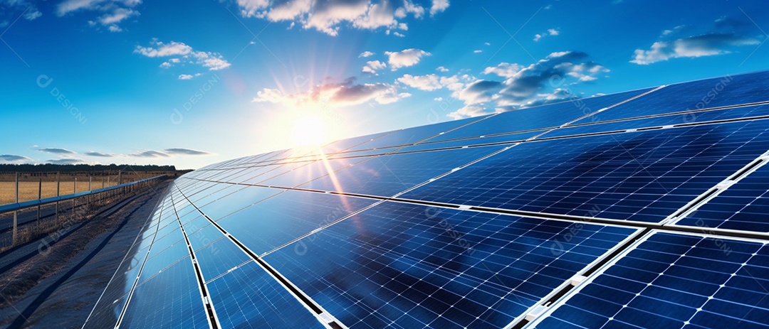 Painéis solares perfeitamente alinhados na fazenda de energia solar limpa e renovável.