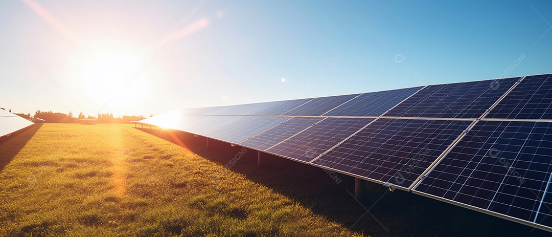 Painéis solares perfeitamente alinhados na fazenda de energia solar limpa e renovável.