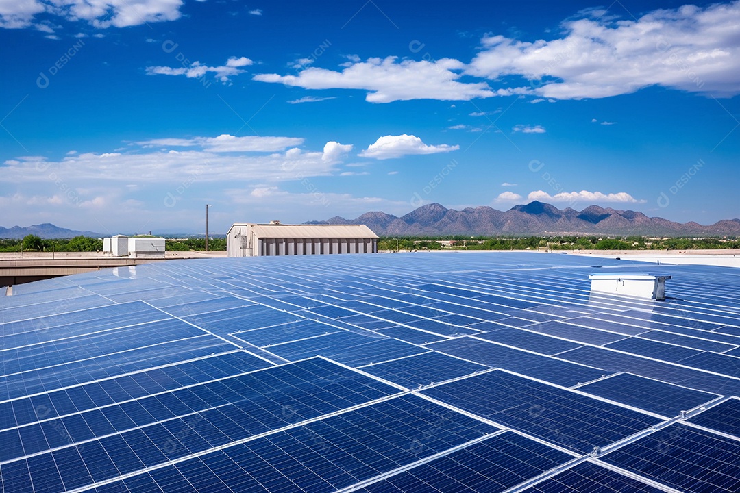 Painéis solares perfeitamente alinhados na fazenda de energia solar limpa e renovável.