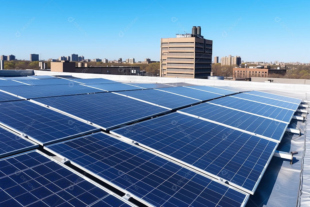 Painéis solares perfeitamente alinhados na fazenda de energia solar limpa e renovável.