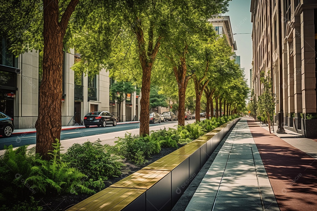 Arquitetura urbana arborizada, conceito de cidade com energia limpa e renovável, ecologicamente correta.