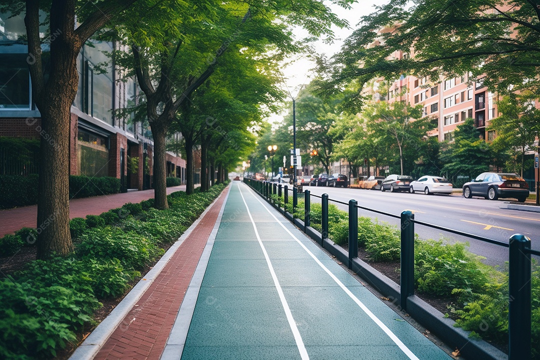 Arquitetura urbana arborizada, conceito de cidade com energia limpa e renovável, ecologicamente correta.