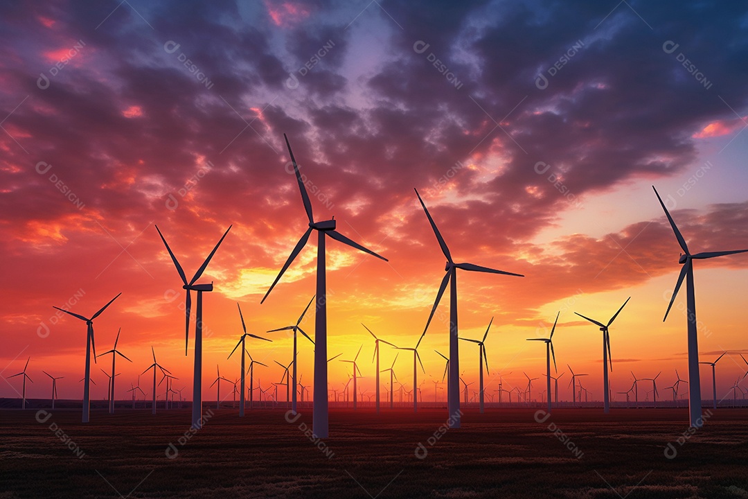 Fazenda paisagística com turbinas eólicas e painéis solares.