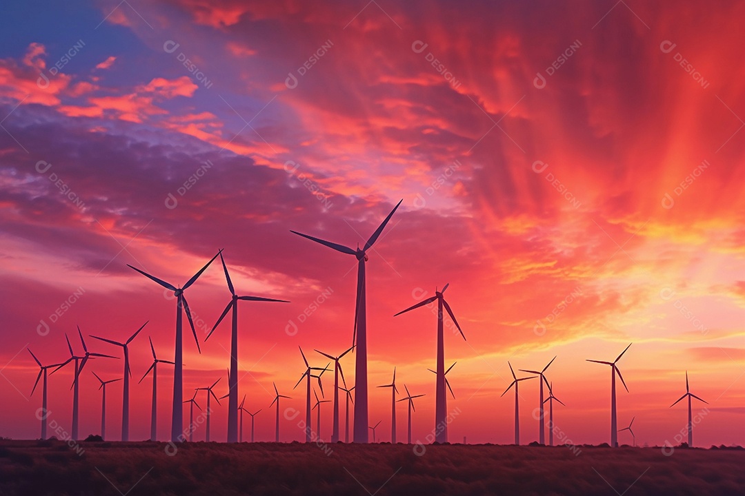 Fazenda paisagística com turbinas eólicas e painéis solares.