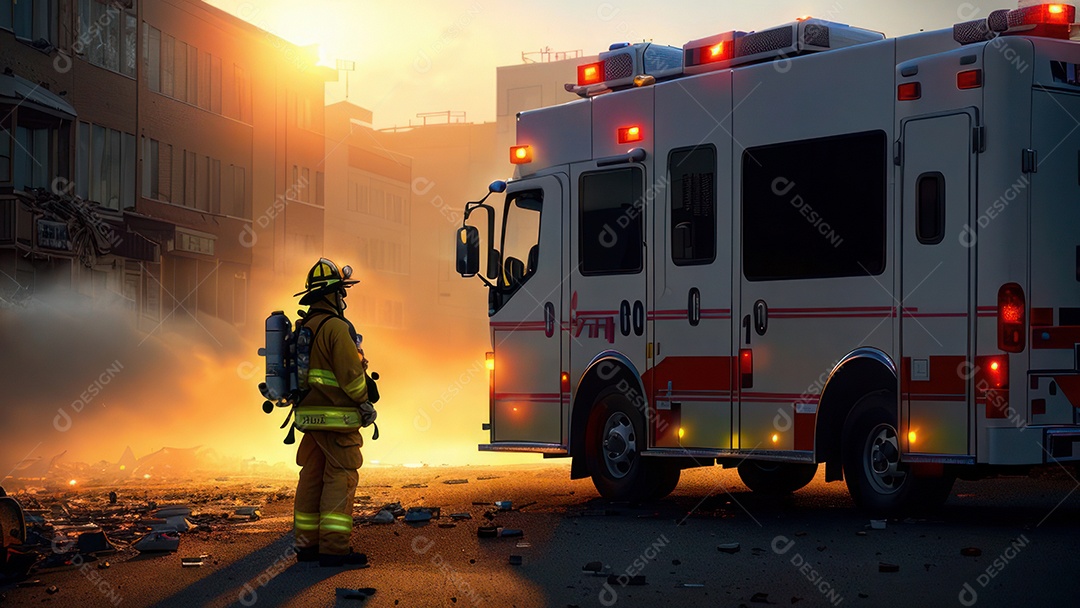Imagem realista de bombeiro sobre vias publicas.