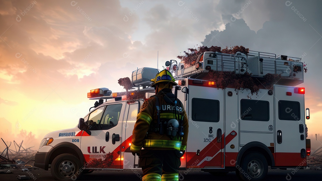 Imagem realista de bombeiro sobre vias publicas.