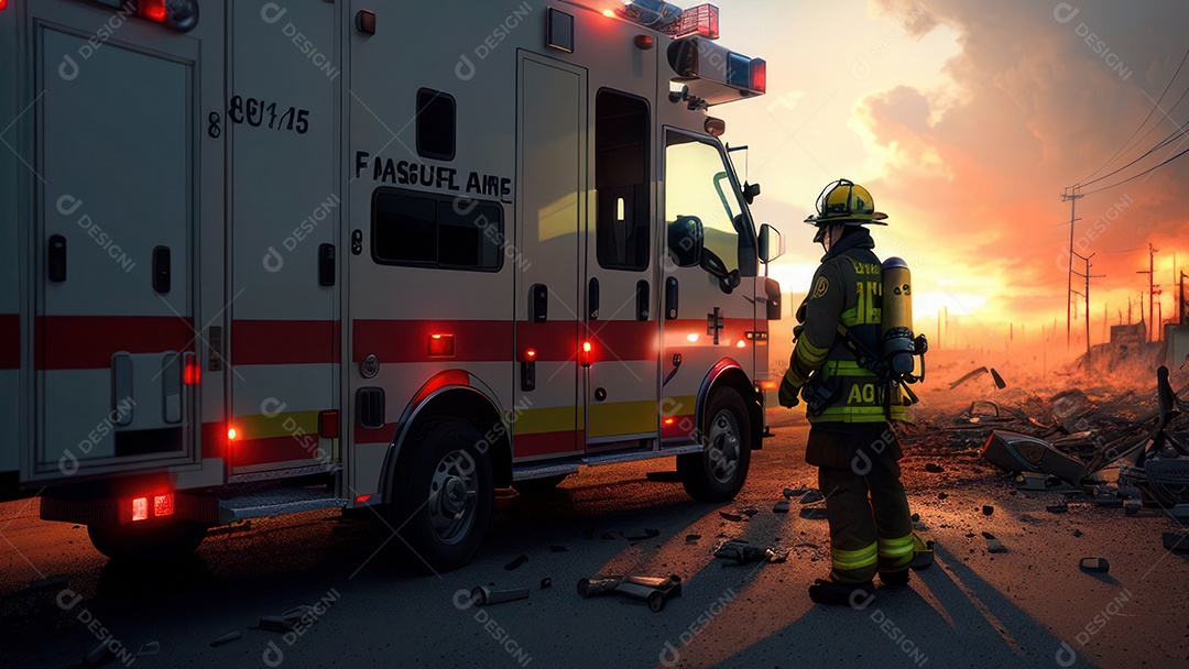 Imagem realista de bombeiro sobre vias publicas.