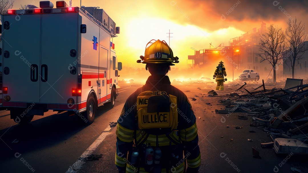 Imagem realista de bombeiro sobre vias publicas.