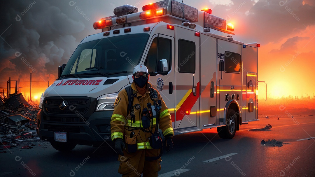 Imagem realista de bombeiro sobre vias publicas.