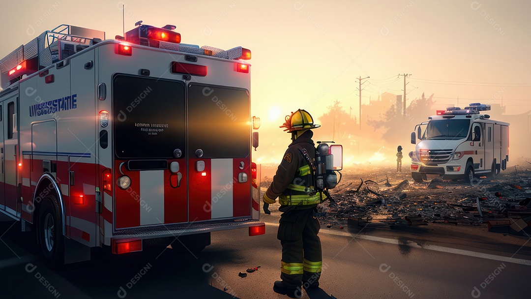 Imagem realista de bombeiro sobre vias publicas.