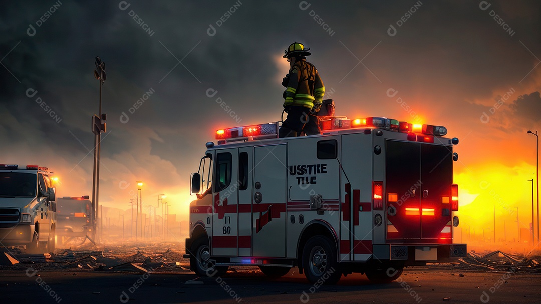 Imagem realista de bombeiro sobre vias publicas.