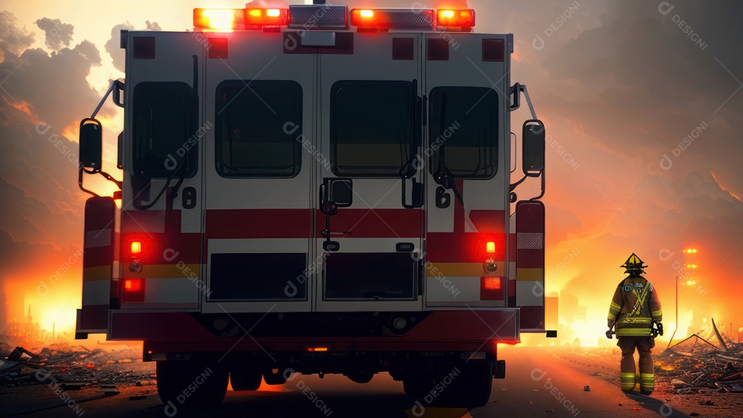 Imagem realista de bombeiro sobre vias publicas.