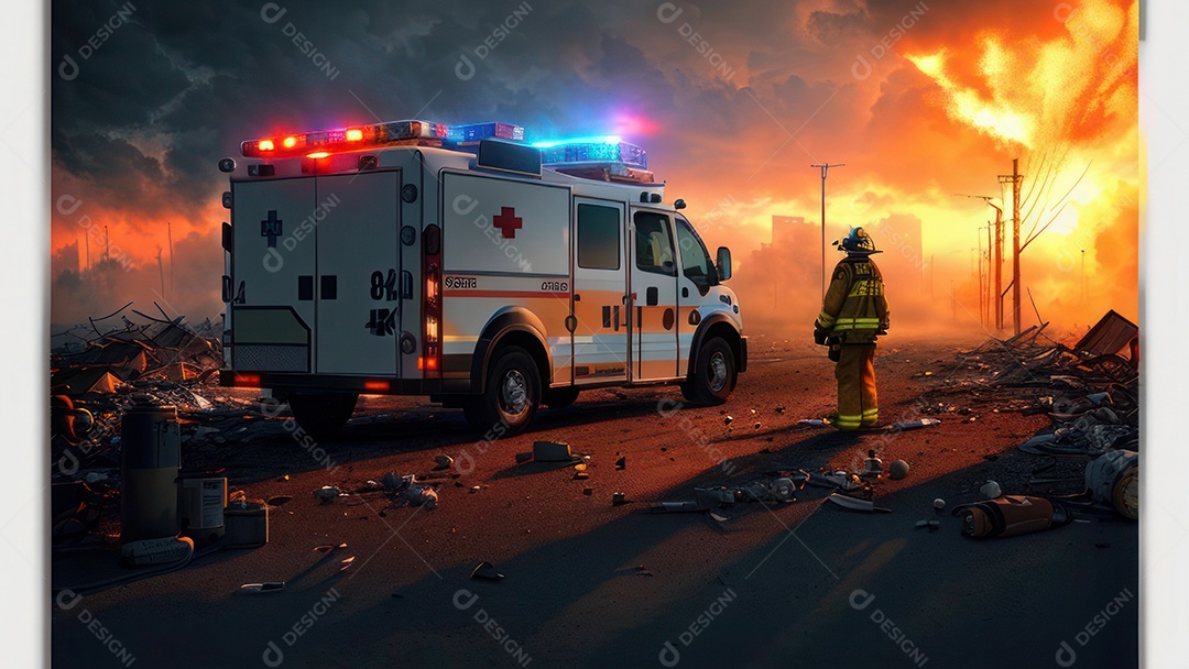 Imagem realista de bombeiro sobre vias publicas.