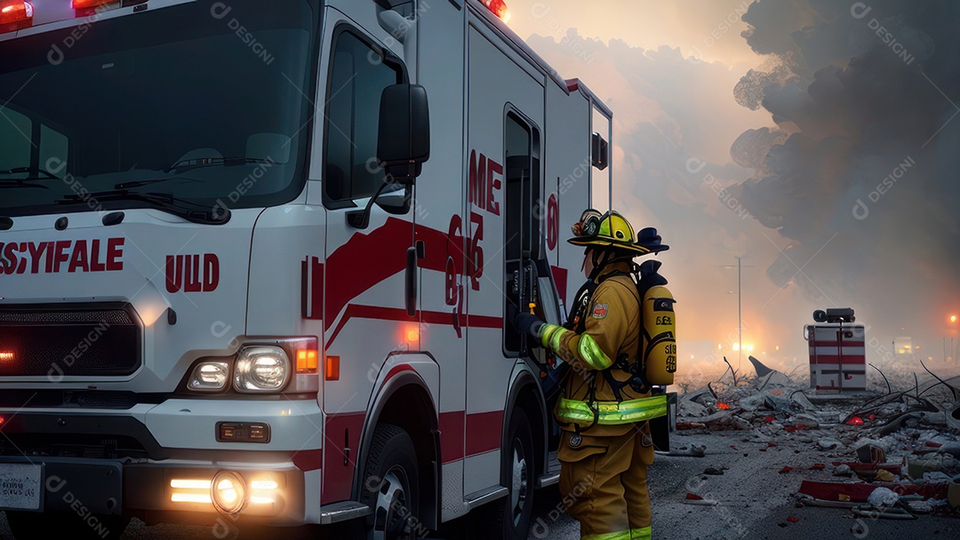 Imagem realista de bombeiro sobre vias publicas.